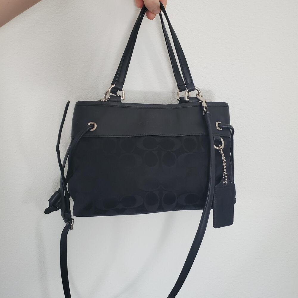 Coach Mini Drawsting Carryall Bag Signature Black Logo Leather Crossbody Purse - Picture 2 of 14